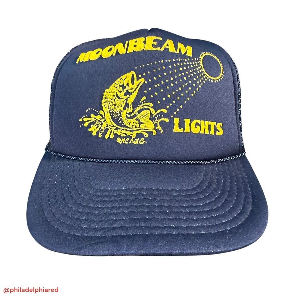 Navy and yellow Moonbeam Lights fishing themed trucker style hat mens